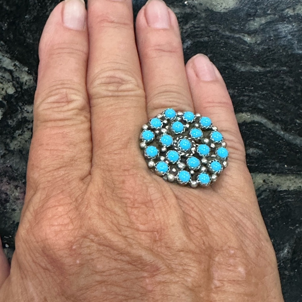 Zuni Turquoise Sterling Silver Petit Point Eye Ring. 7.5 925 New Old stock